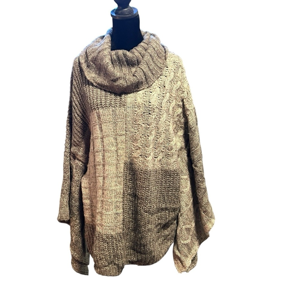 Knox Rose size XXL two tone brown patchwork cable knit cowl neck kimono sweater - Picture 1 of 8